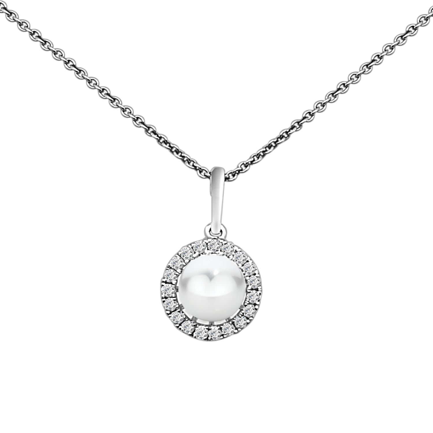 Round Halo Drop Pearl Necklace in 14 Karat White Gold