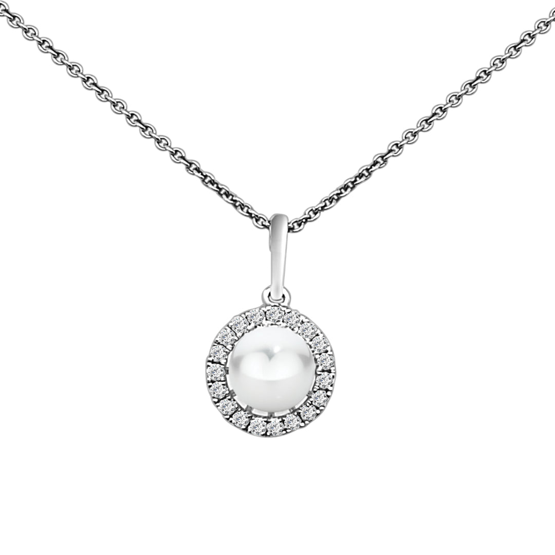 Glamourous Pearl Round Halo Drop Necklace in 14 Karat White Gold