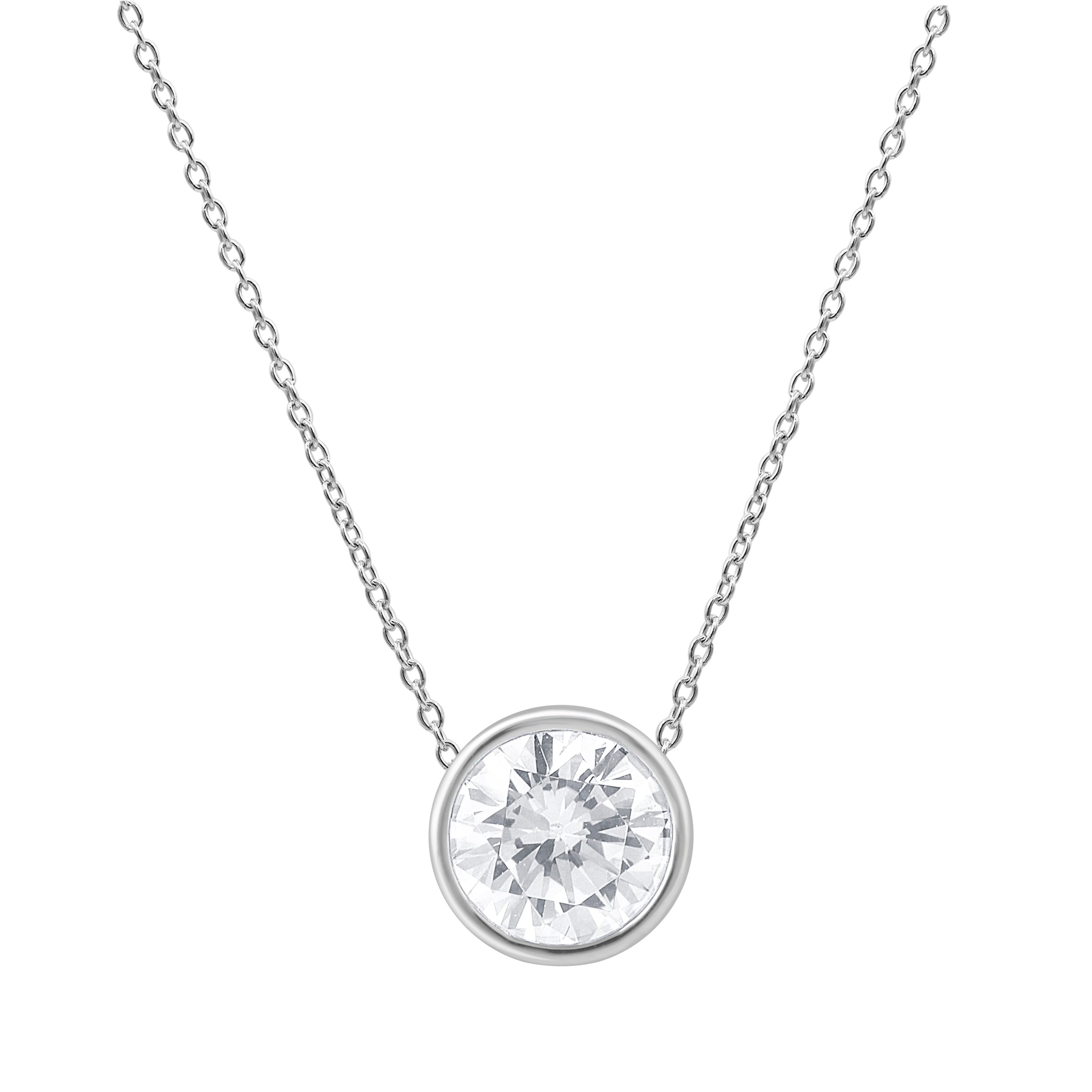 14K White Gold Bezel Set Solitaire Lab Diamond Necklace - Round Shape 1.00