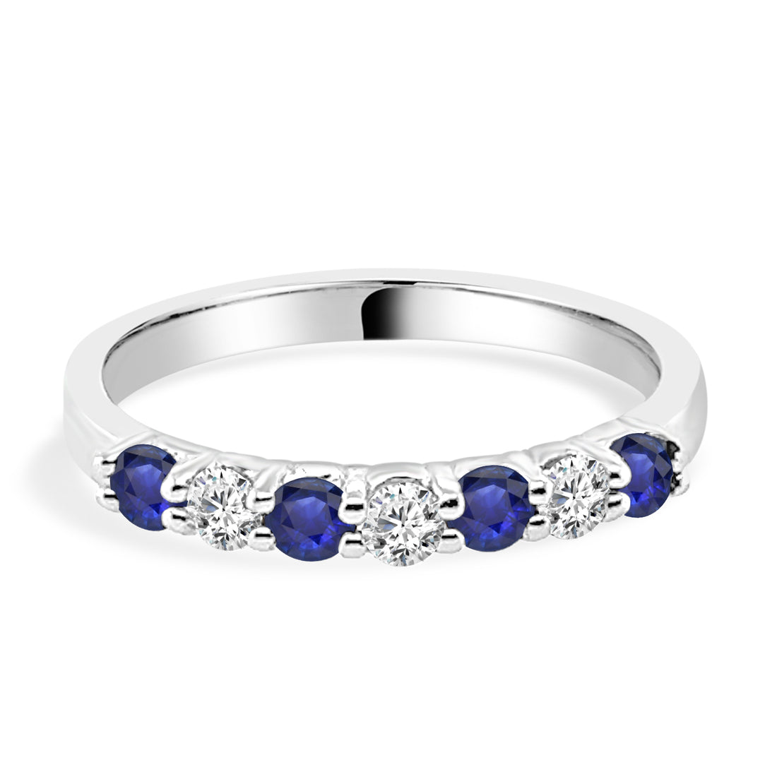 Dazzling Diamond and Sapphire Shared Prong Ring in 14 Karat White Gold with 0.35 Blue Sapphire