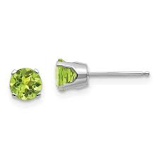 August Peridot Solitaire Studs: 14 Karat White Gold Pearls in Round Gemstone Shape