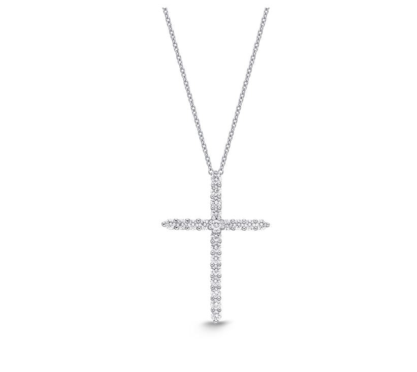 Dazzling 0.20 Carat Natural Diamond Shared Prong Cross Pendant Necklace in 18 Karat White Gold