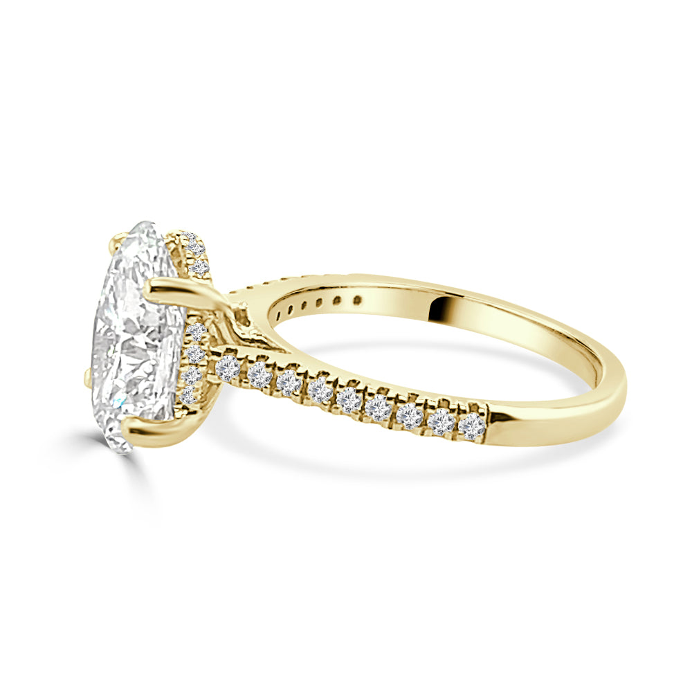 Oval Solitaire Engagement Ring with Diamond Band and Hidden Halo in 14 Karat Yellow Gold - 3.01 Carat Lab Diamond