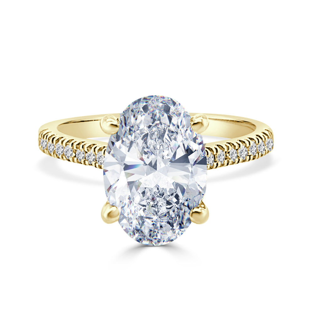 Oval Solitaire Engagement Ring with Diamond Band and Hidden Halo in 14 Karat Yellow Gold - 3.01 Carat Lab Diamond