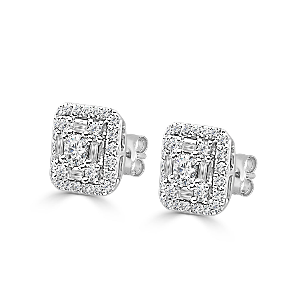 Stunning Mosaic Square Shaped Stud Earrings - 14 Karat White Gold, Natural Diamond, Round Shape 1.00 ct