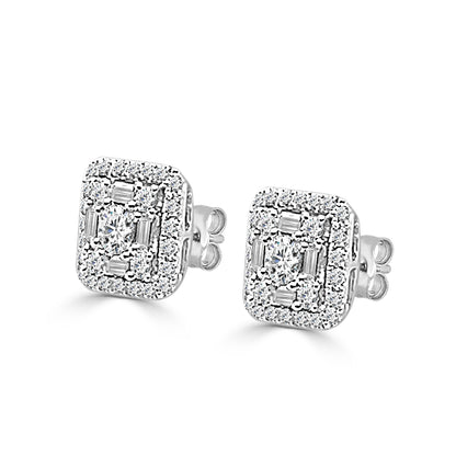 Stunning Mosaic Square Shaped Stud Earrings - 14 Karat White Gold, Natural Diamond, Round Shape 1.00 ct