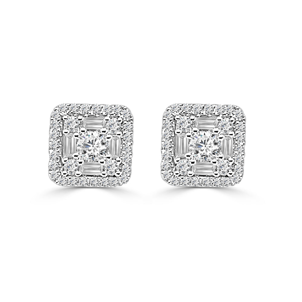 Stunning Mosaic Square Shaped Stud Earrings - 14 Karat White Gold, Natural Diamond, Round Shape 1.00 ct