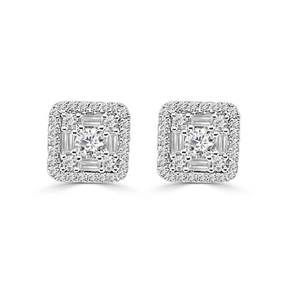 Stunning Mosaic Square Shaped Stud Earrings - 14 Karat White Gold, Natural Diamond, Round Shape 1.00 ct