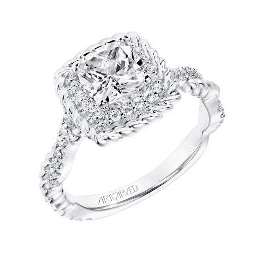 Sparkling Romance: 14 Karat White Gold Cushion Shape Engagement Mounting with Rope Halo and Cubic Zirconia