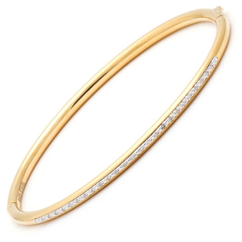 Gold Plated Sterling Silver Bangle with Prong Set Hinge and 0.10ct Natural Diamond Accent