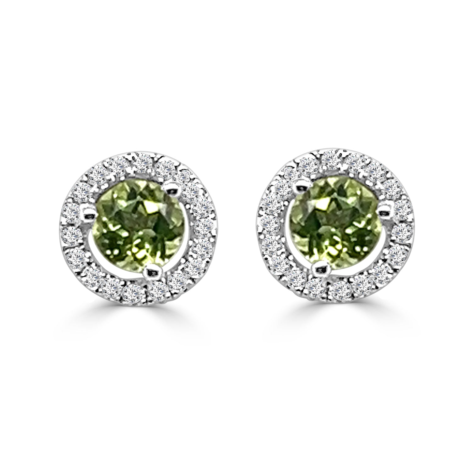 Stunning 14K White Gold Peridot and Diamond Stud Earrings - Round Shape - 0.85 Carat Total