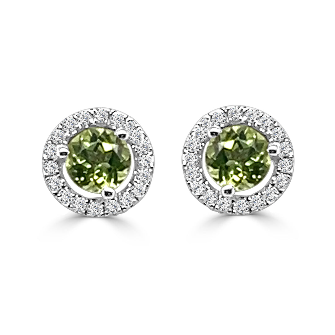 Sparkling Peridot and Diamond Stud Earrings in 14 Karat White Gold - Round Shape