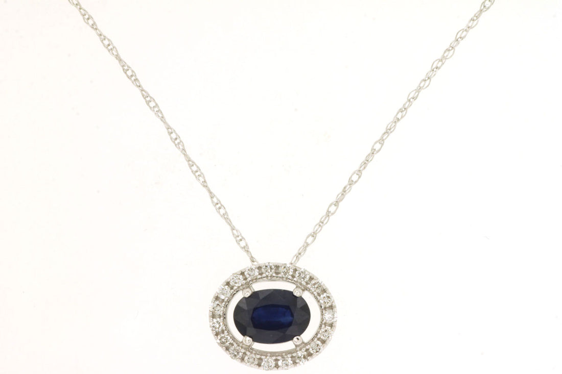 14K White Gold East to West Necklace with Halo Featuring Blue Sapphire and Diamond Accents