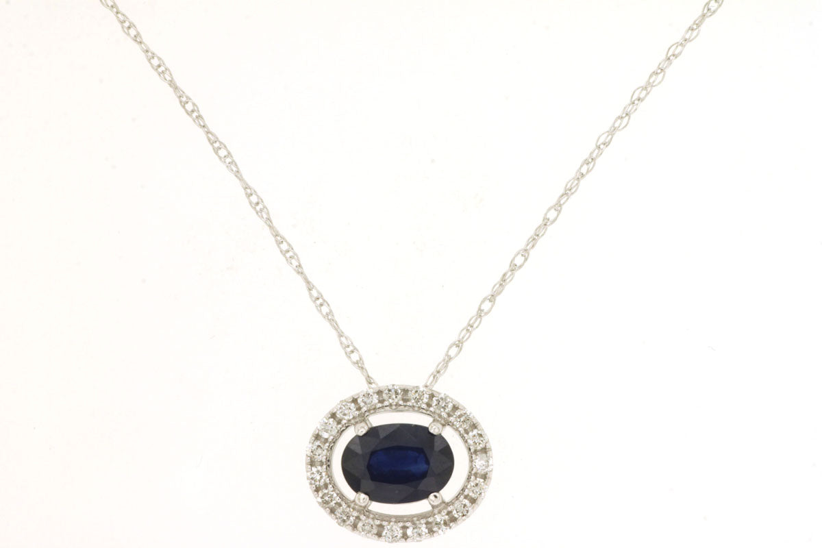 14K White Gold East to West Necklace with Halo Featuring Blue Sapphire and Diamond Accents