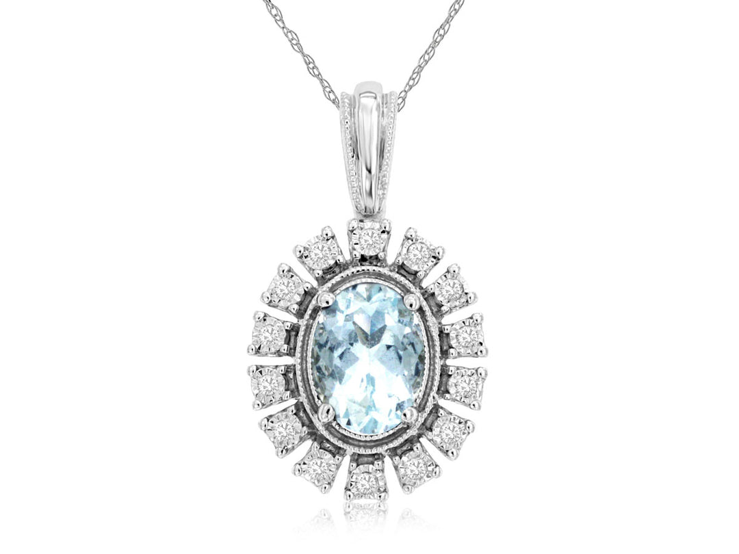 14K White Gold Oval Aquamarine and Diamond Pendant Necklace