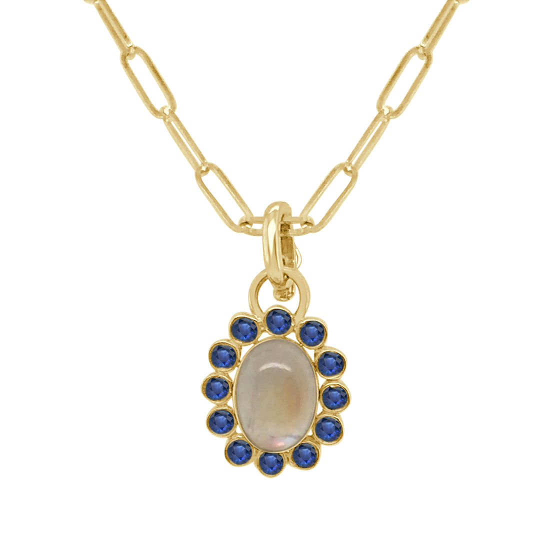 14 Karat Yellow Gold Kynite Halo Necklace with Moonstone Cabochon Oval Pendant