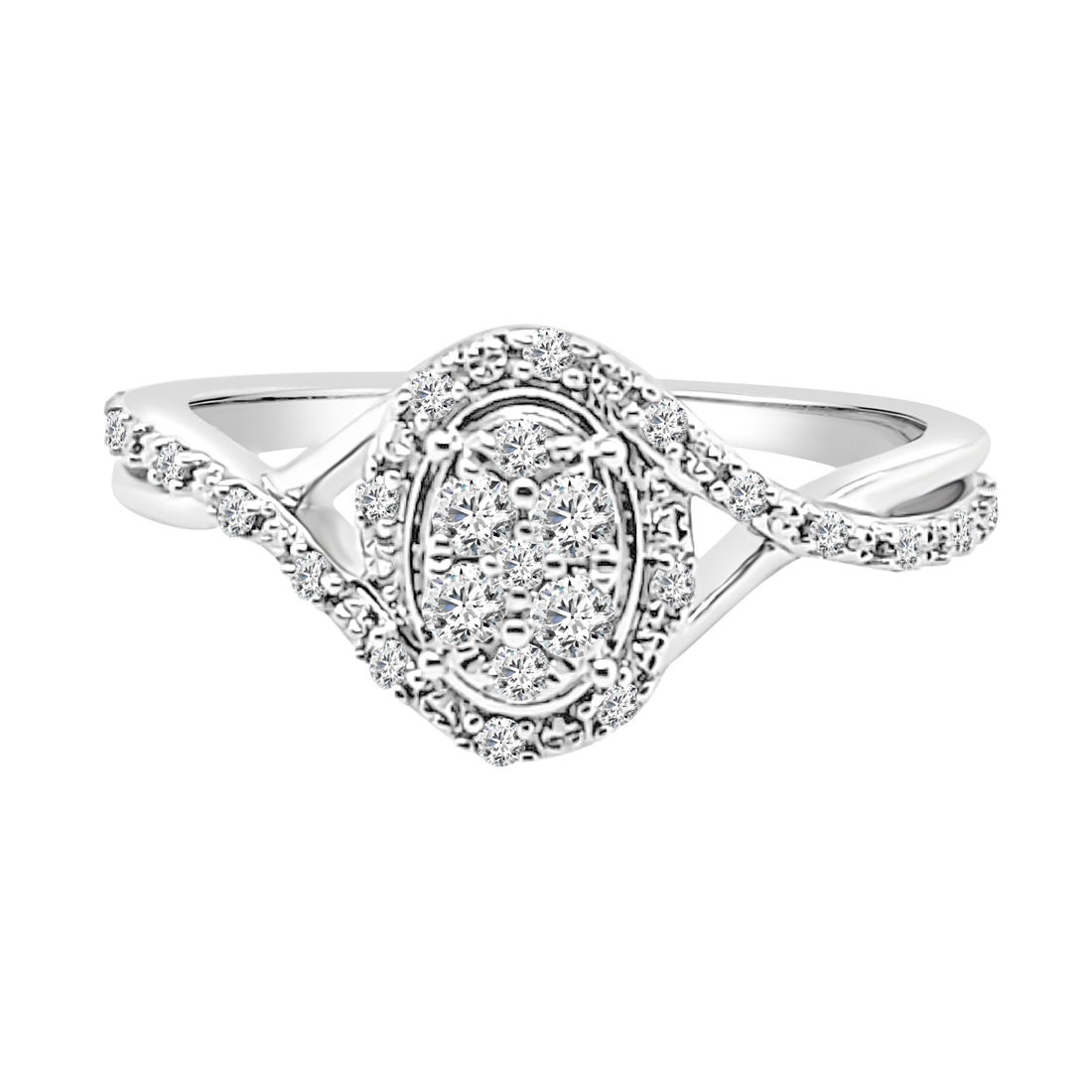 Twist Shank Cluster Oval Diamond Engagement Ring in Sterling Silver - 0.20ct Natural Diamond