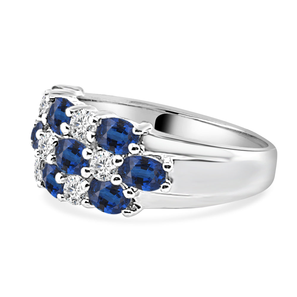 Blue Sapphire Oval Domed Ring in 14 Karat White Gold with Diamond Accents - 2.50 Carats