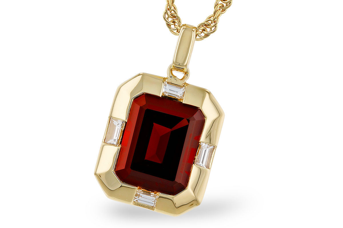 Emerald Shape Garnet Pendant Necklace in 14 Karat Yellow Gold with Natural Diamond Accent