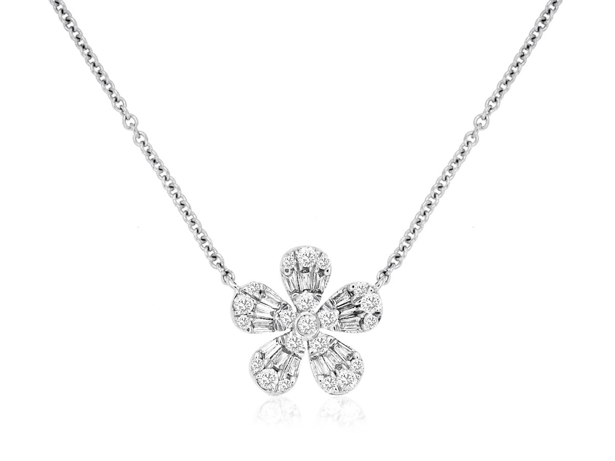 14 Karat White Gold Mosaic Flower Necklace with 0.28 Carat Natural Diamond