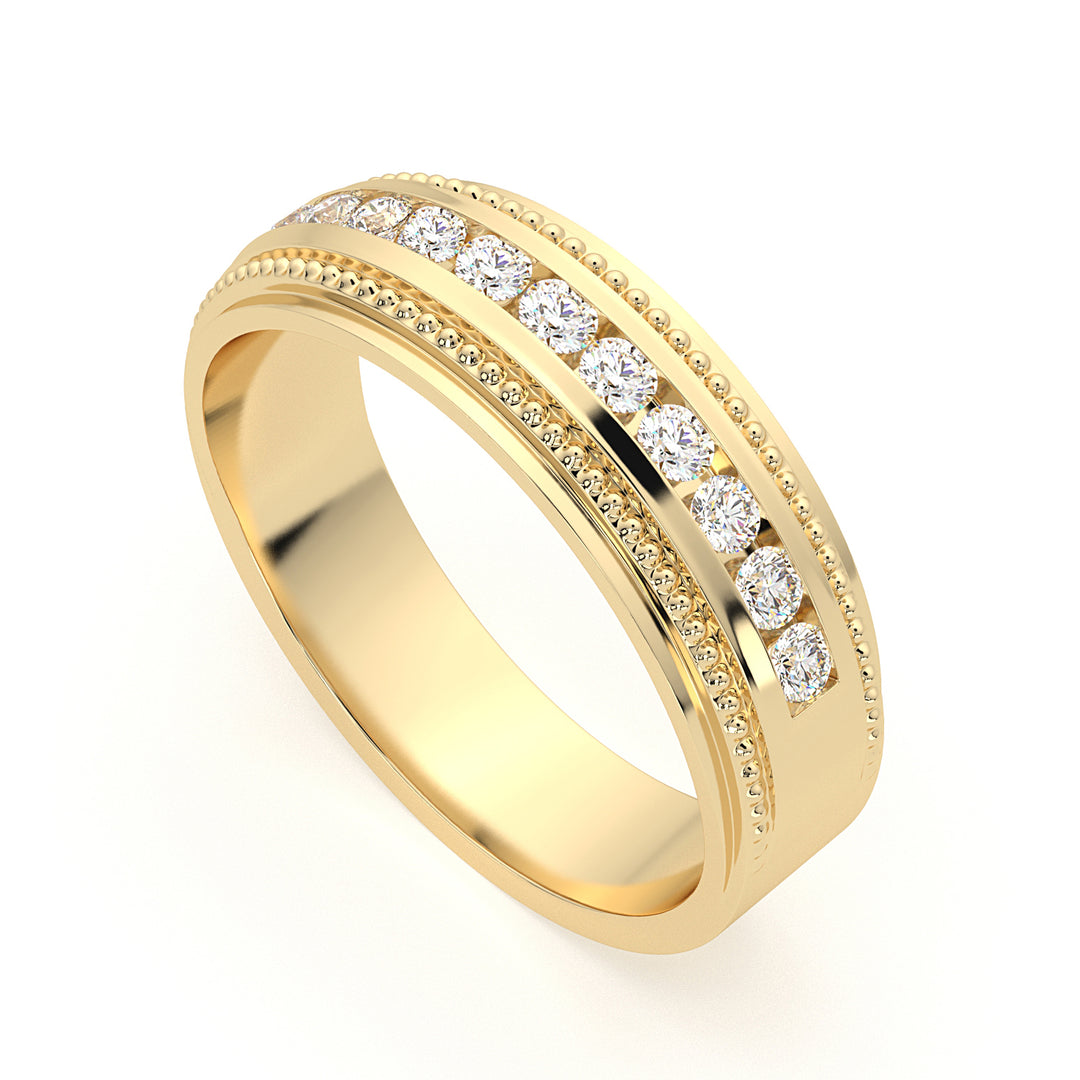 14 Karat Yellow Gold Milgrain Wedding Band with Natural Diamond Accent