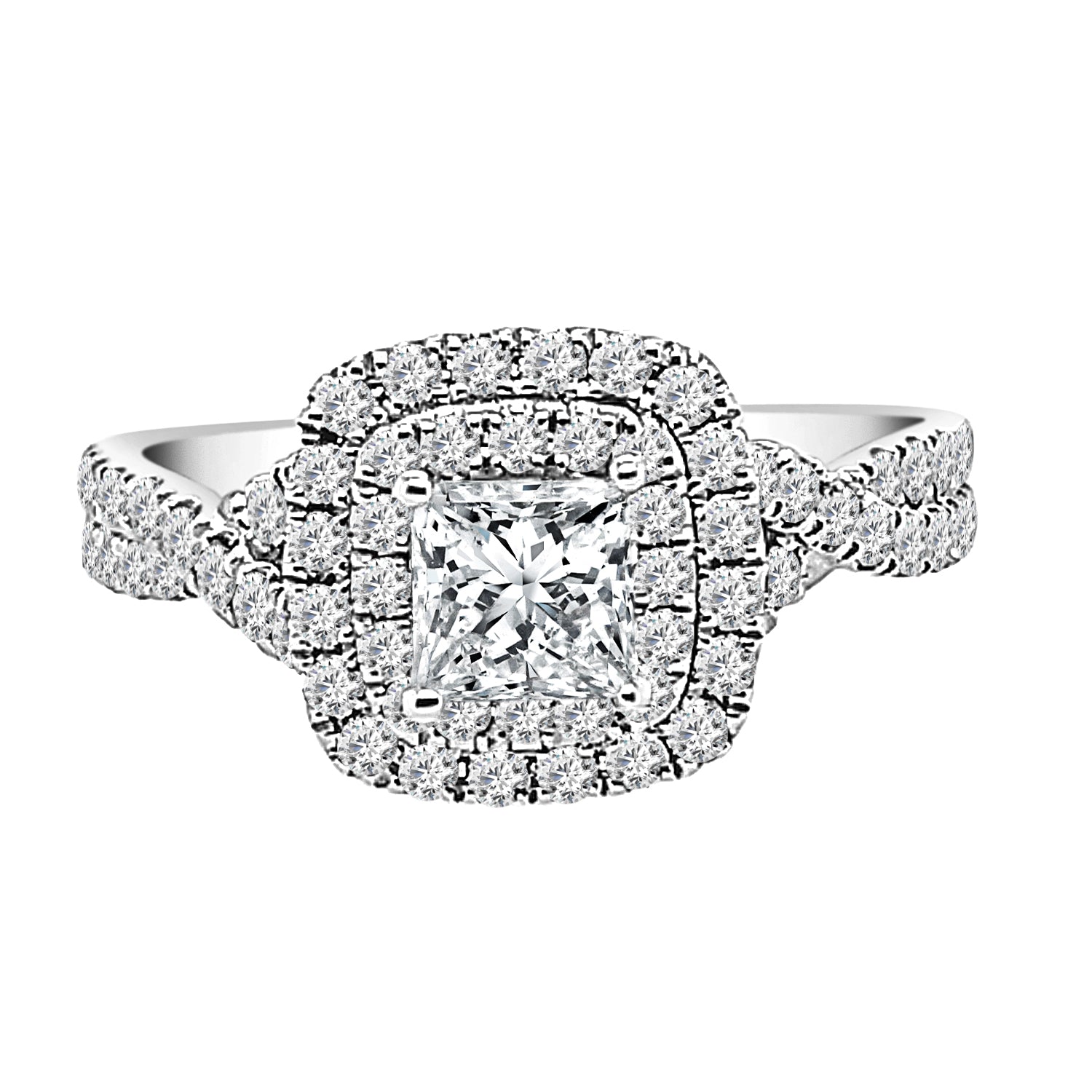 Twist Shank Double Diamond Engagement Ring in 14 Karat White Gold - 0.63 Carat Princess Cut Natural Diamond