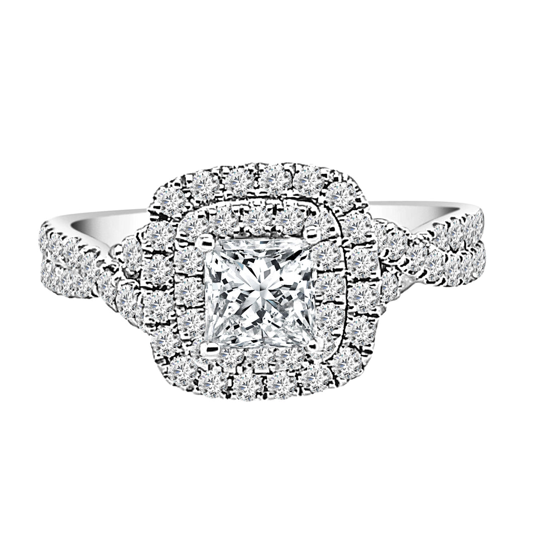 Dazzling Twist Shank Double Engagement Ring in 14 Karat White Gold with Princess Cut Natural Diamond