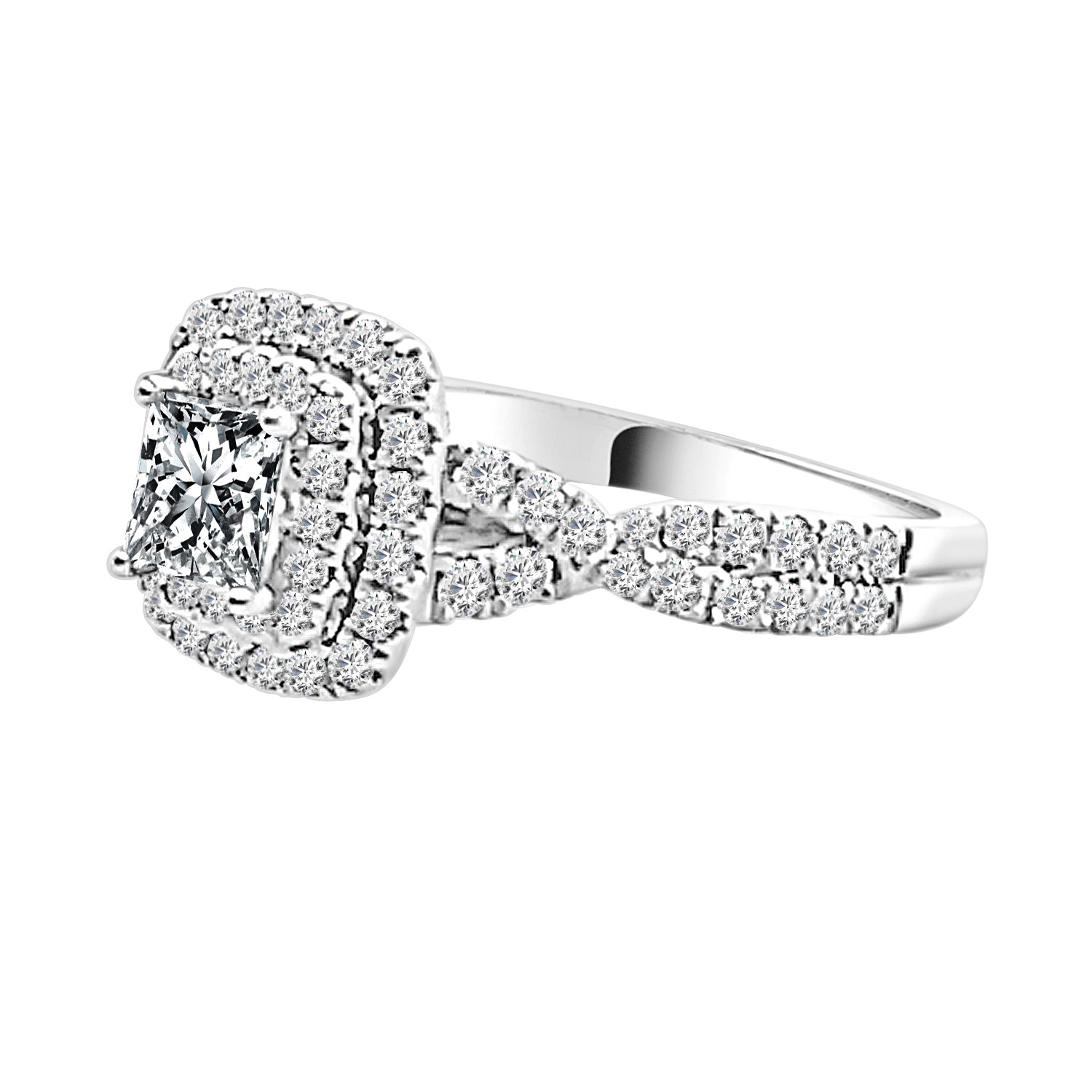 Twist Shank Double Diamond Engagement Ring in 14 Karat White Gold - 0.63 Carat Princess Cut Natural Diamond