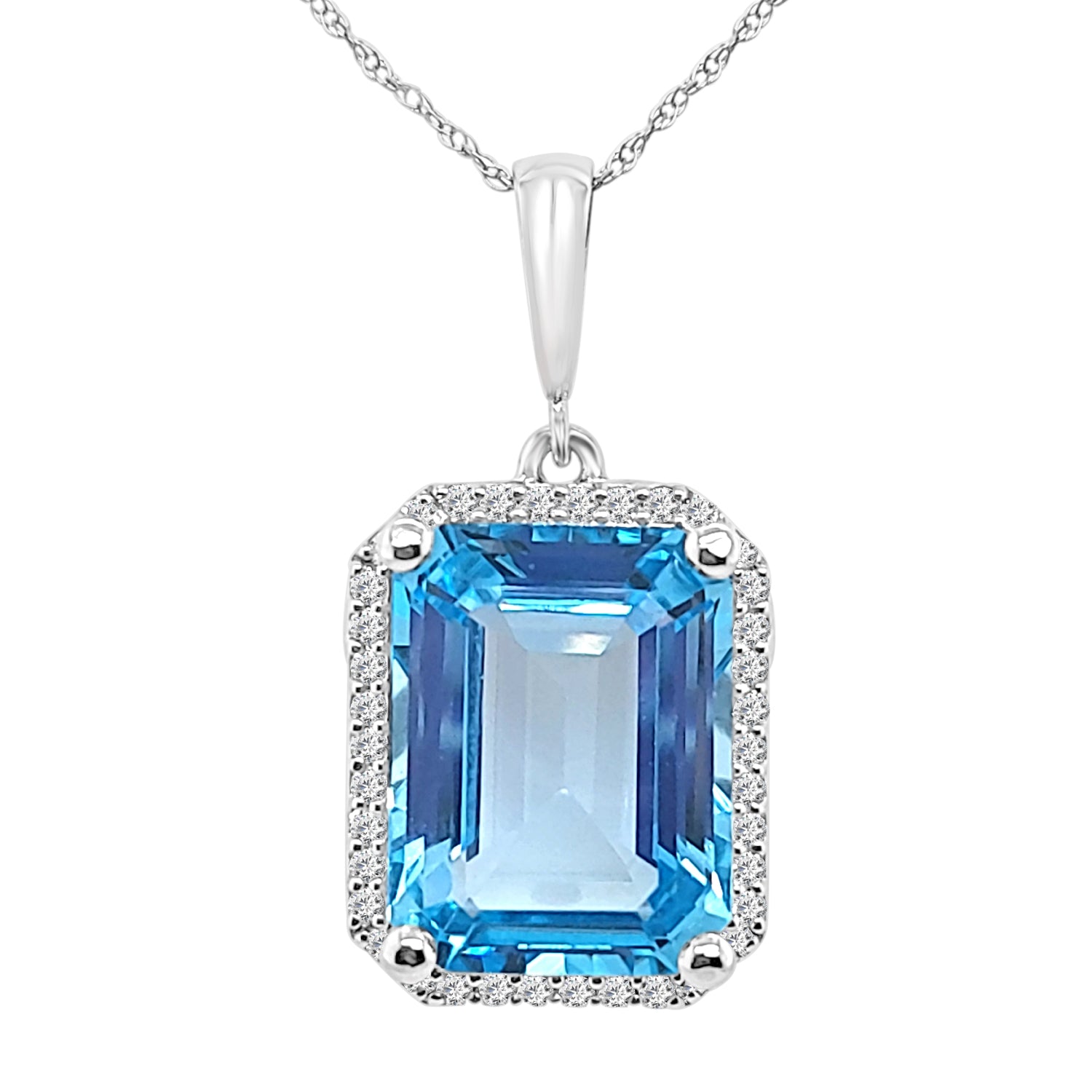 Sparkling Blue Topaz Emerald Halo Necklace in 14 Karat White Gold - 11.85 Carat