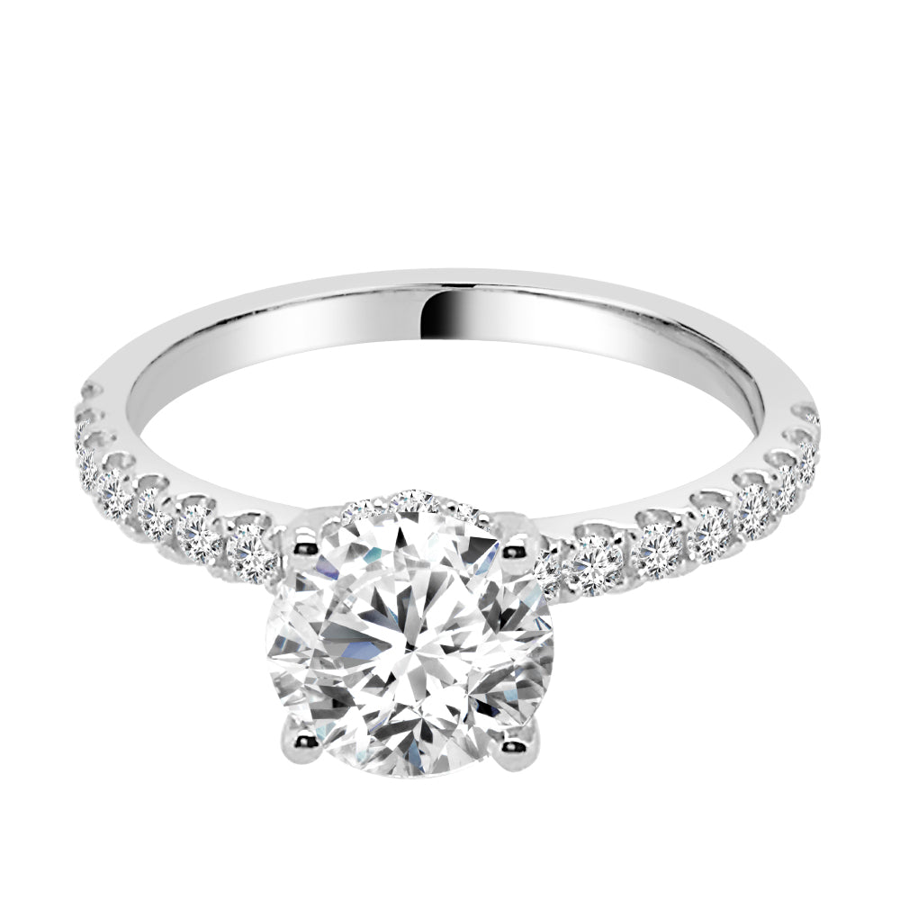 Classic Round Diamond Shank Engagement Mounting in 14 Karat White Gold with Cubic Zirconia