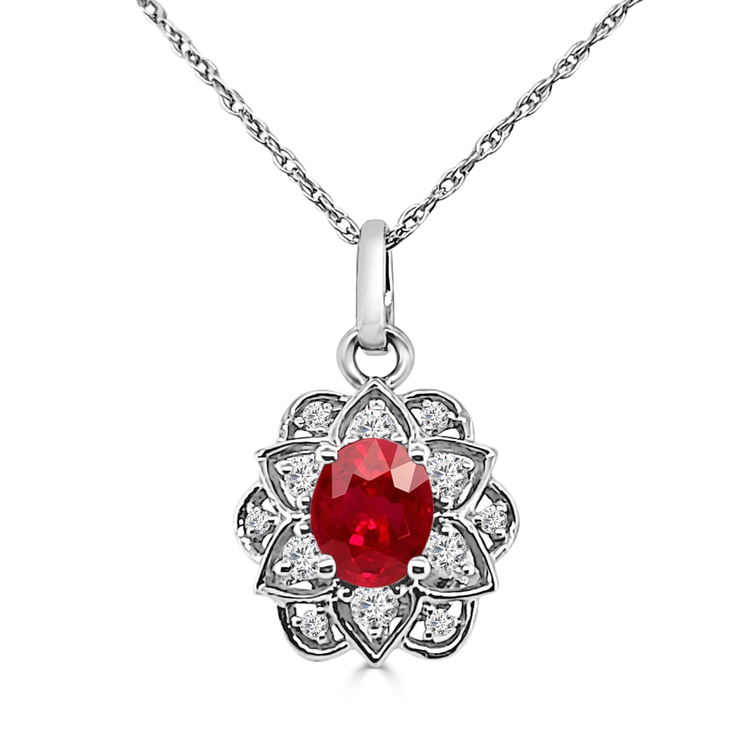 Oval Ruby Floral Halo Necklace in 14 Karat White Gold (0.41 ct)