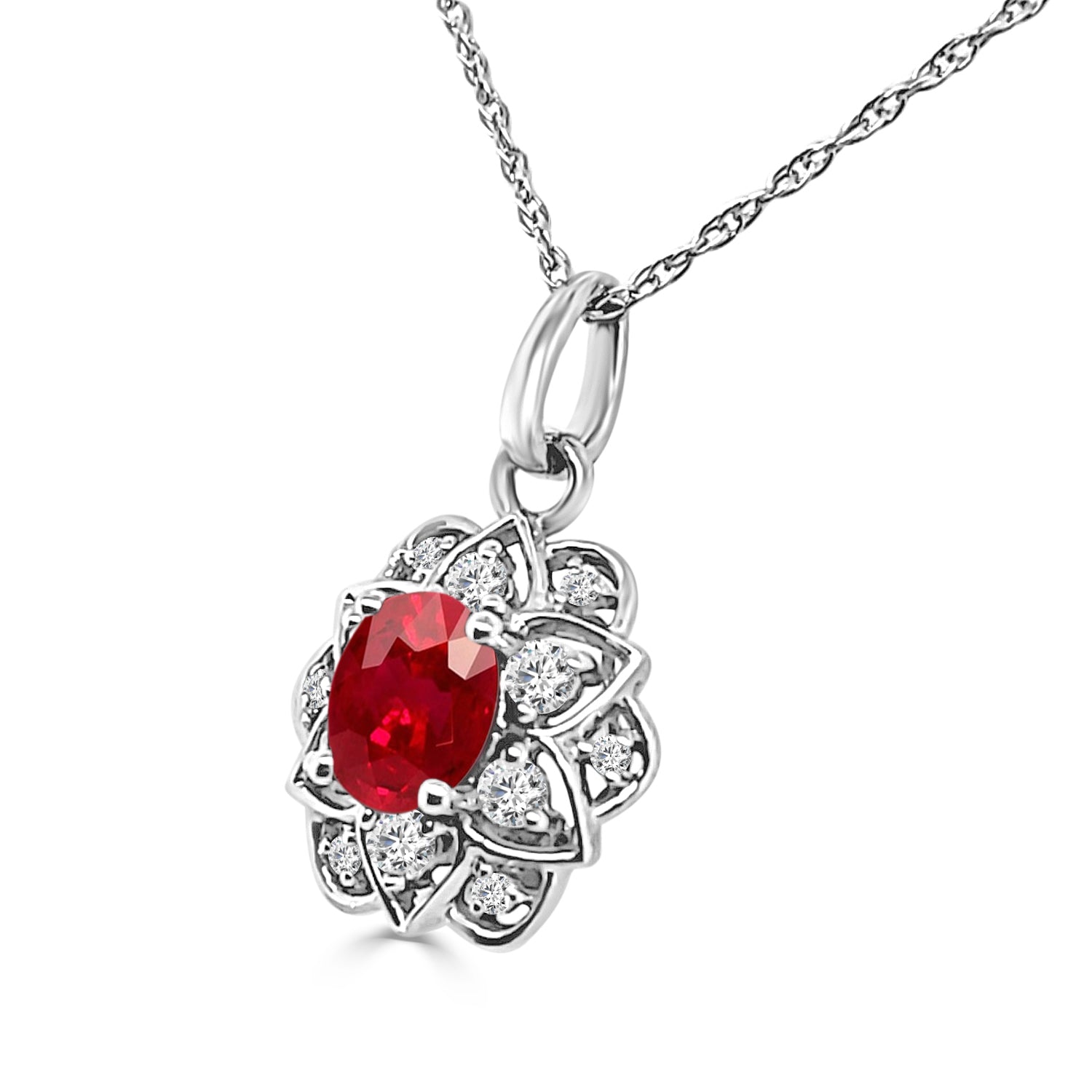 Oval Ruby Floral Halo Necklace in 14 Karat White Gold (0.41 ct)