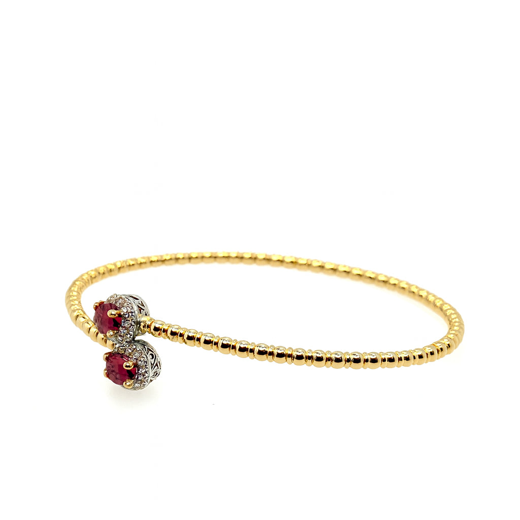 14 Karat Two-Tone Diamond and Ruby Wrap Oval Bangle Bracelet - Elegant 0.98 Carat Beauty