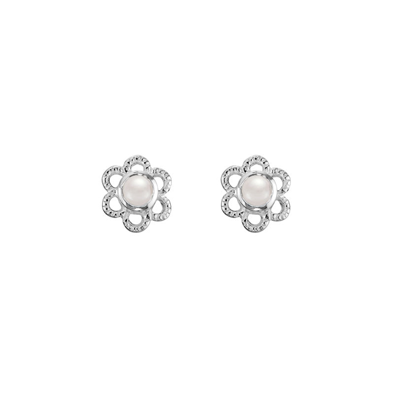 Flower Blossom Sterling Silver Pearl Stud Earrings