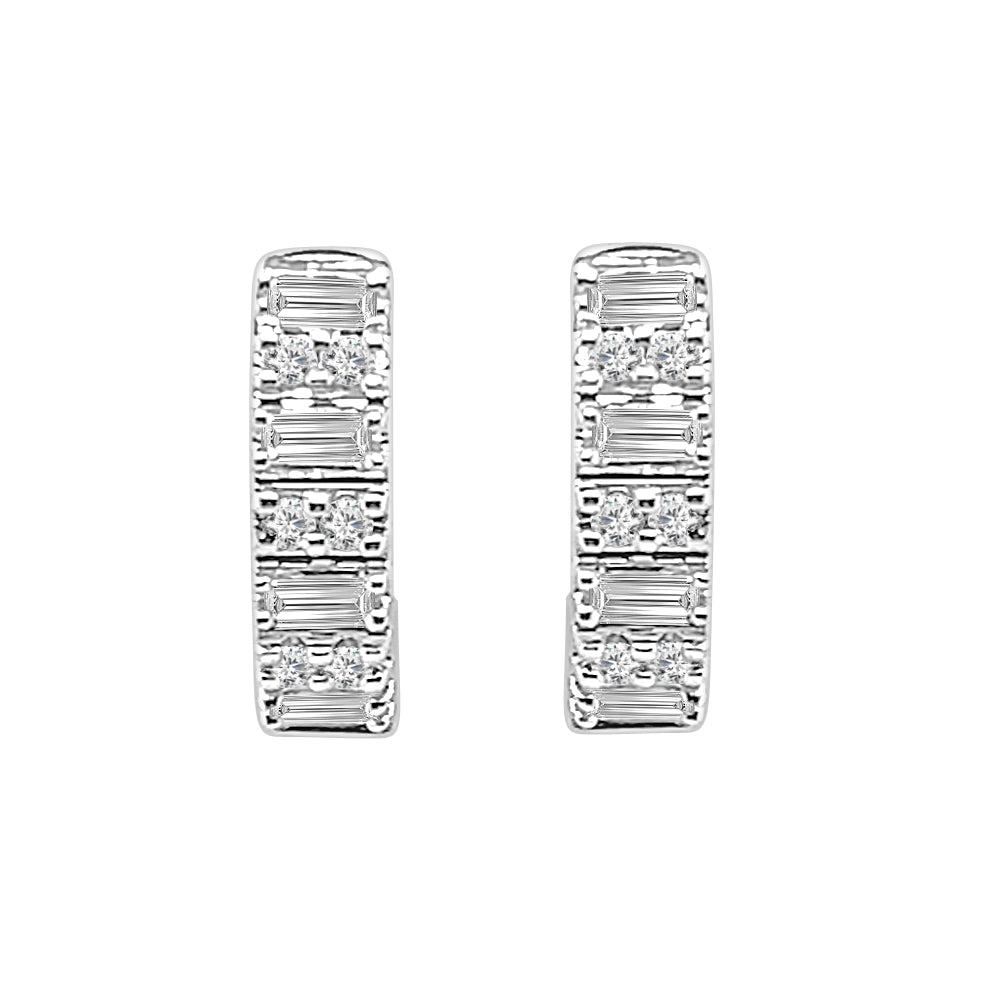 10 Karat White Gold Emerald Cut and RBC Diamond Huggie Earrings - Natural Diamond, Emerald Shape, 0.25 Carat