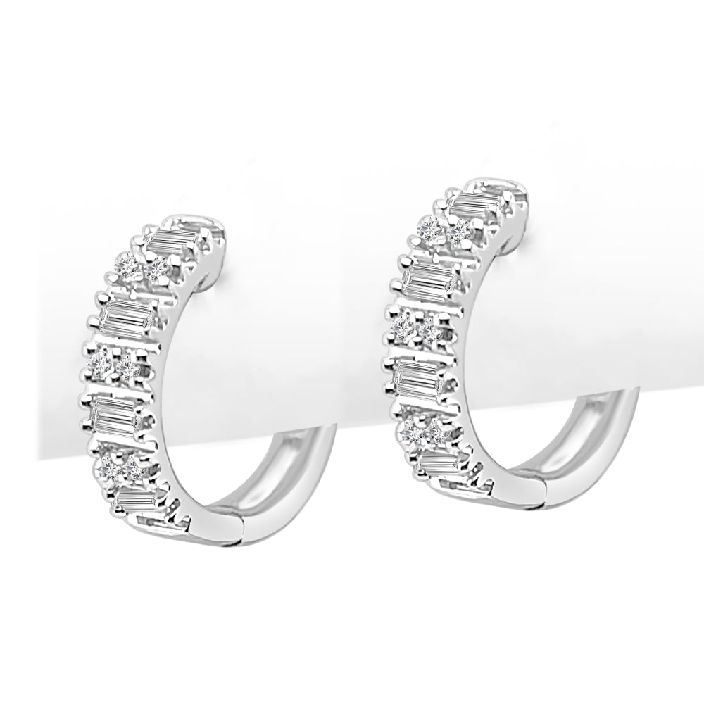 10 Karat White Gold Emerald Cut and RBC Diamond Huggie Earrings - Natural Diamond, Emerald Shape, 0.25 Carat