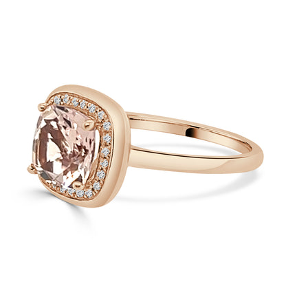 Morganite and Diamond Halo Ring in 14 Karat Yellow Gold - Cushion Shape, 1.35 Carat