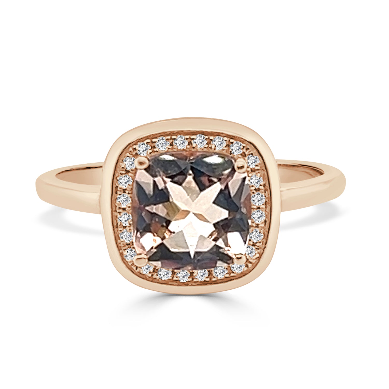 Morganite and Diamond Halo Ring in 14 Karat Yellow Gold - Cushion Shape, 1.35 Carat