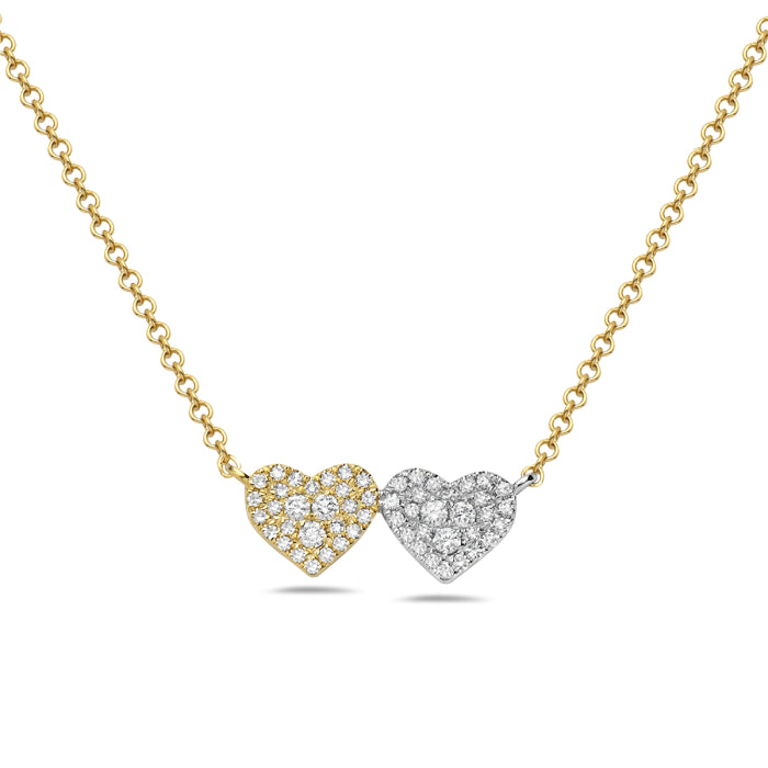 14 Karat Two-Tone Double Heart Necklace with Round Shape Natural Diamond