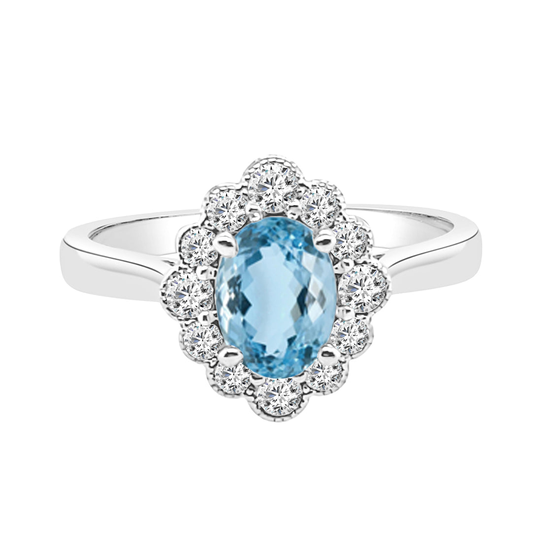 14 Karat White Gold Aquamarine Ring with Fancy Milgrain Halo - 0.70 Carat