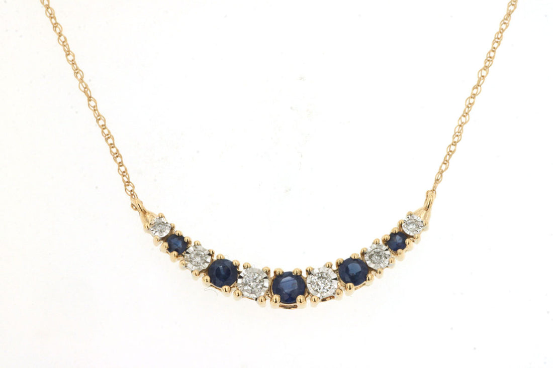 14K Yellow Gold Curved Stationary Stacking Necklace with Blue Sapphire and Diamond Accents