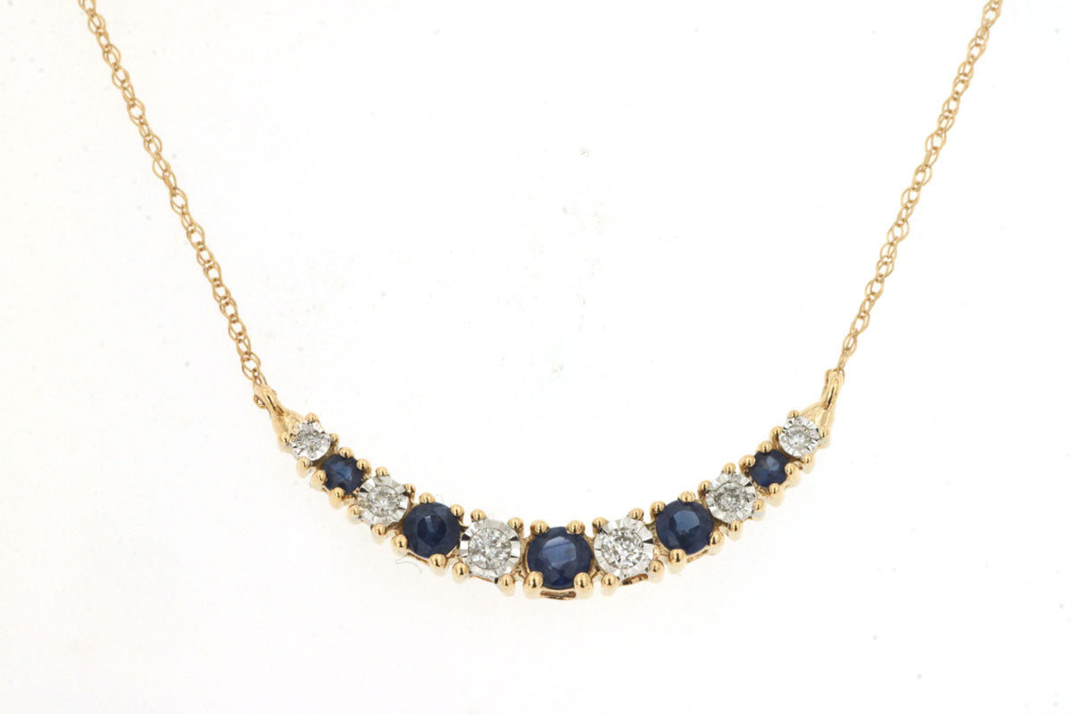 14K Yellow Gold Curved Stationary Stacking Necklace with Blue Sapphire and Diamond Accents