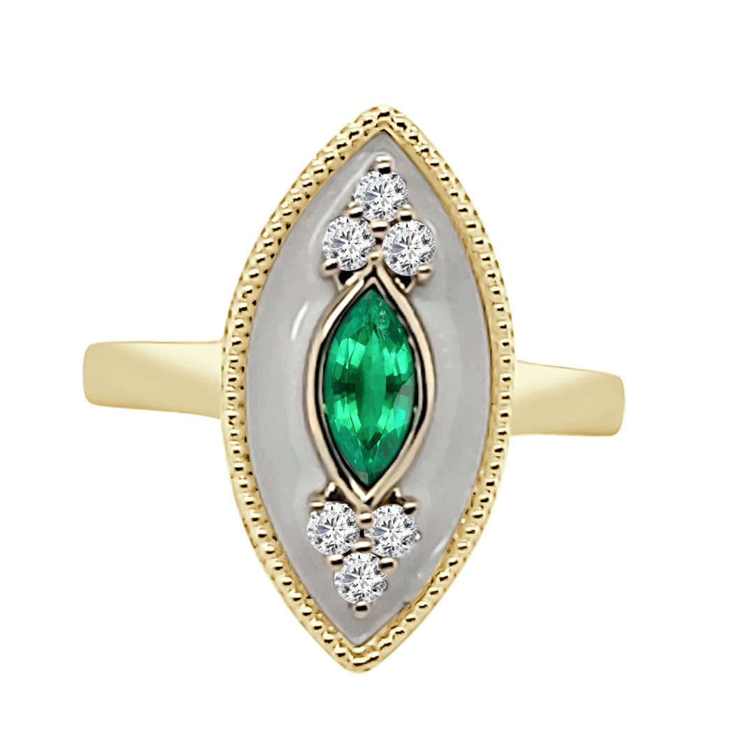 Regal Elegance: 14 Karat Yellow Gold Marquise Halo Ring with White Enamel and 0.32 Carat Tourmaline