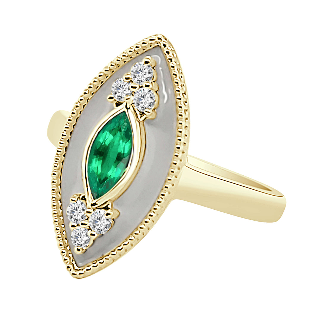 14K Yellow Gold Tourmaline Ring with Regalia White Enamel Marquise Halo