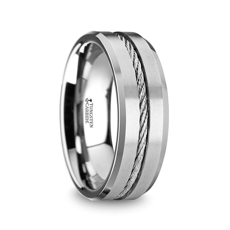 Stunning Lannister Tung Flat Wedding Band with Steel Wire Inlay - Premium Tungsten Carbide