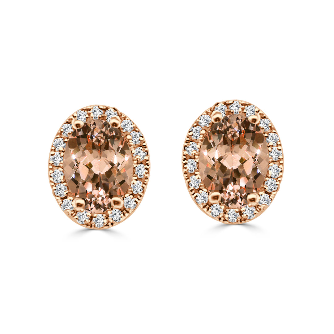 Morganite Brilliance: Oval Shape Diamond Halo Earrings in 14 Karat Rose Gold