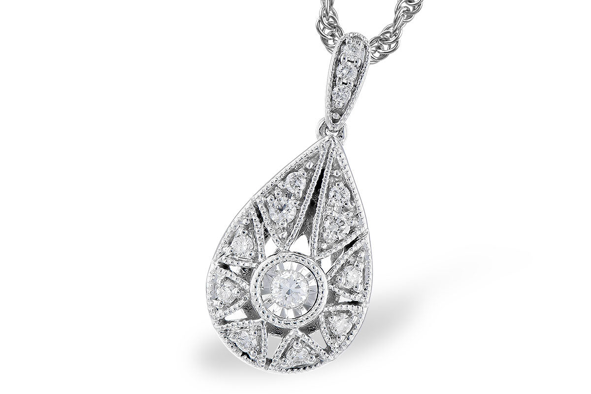 Vintage Filigree Pear Diamond Necklace in 14 Karat White Gold, 0.12 Carat Natural Diamond