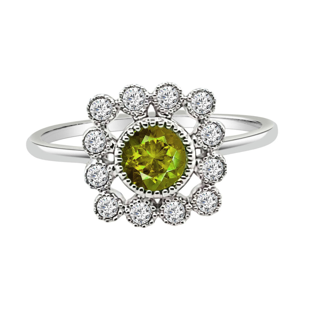 14 Karat White Gold Milgrain Bezel Halo Ring with 0.50ct Peridot