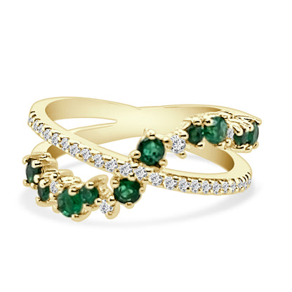 14K Yellow Gold Criss-Cross Diamond and Emerald Round Shape Ring - 0.70 Carat