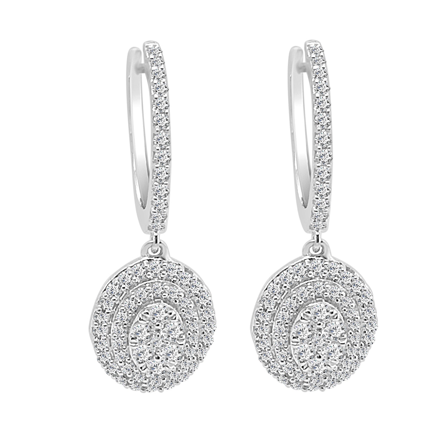 10K White Gold Oval Halo Cluster Drop Earrings with 0.75ct Natural Diamonds